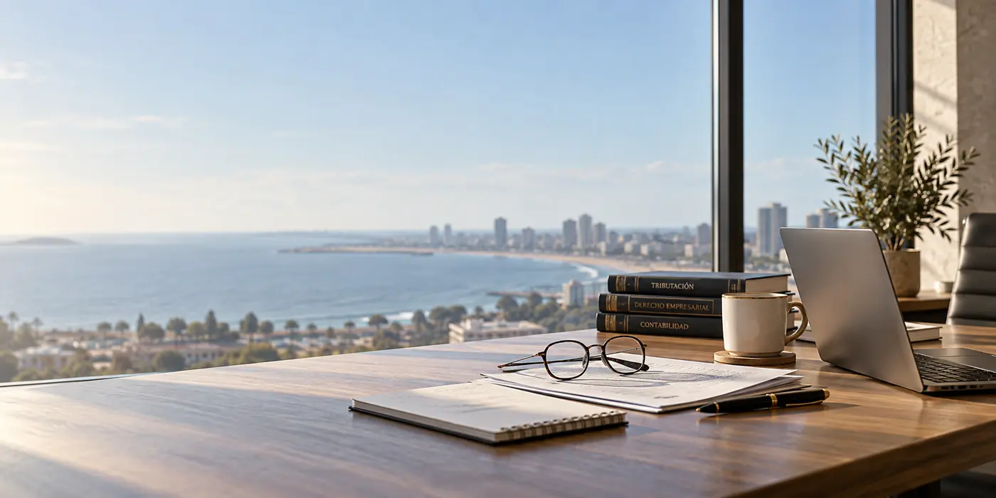 Escritorio de trabajo junto a un ventanal, con la bahía y la península de Punta del Este al fondo