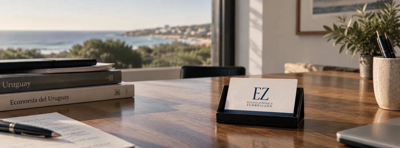 La mesa del estudio con la tarjeta de Estudio Zurbriggen en su soporte, libros de econom&iacute;a del Uruguay, un cuaderno anotado y el ventanal con vista a la costa